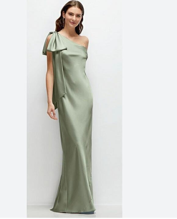 After Six Dresses & Skirts - NWT After Six One Shoulder Bias Cut Satin Maxi Dress Sage Green Large